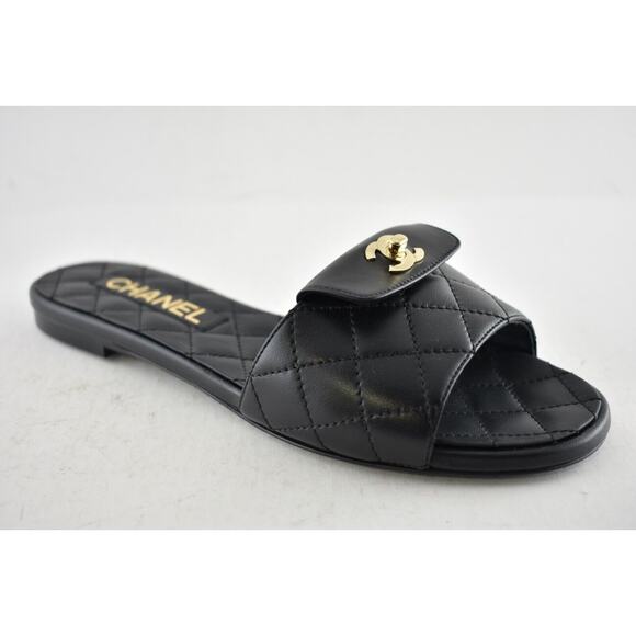 Chanel REV Black Turnlock Quilted Gold CC Logo Mules Slide Sandal Flop Flat 36.5 - Picture 3 of 12